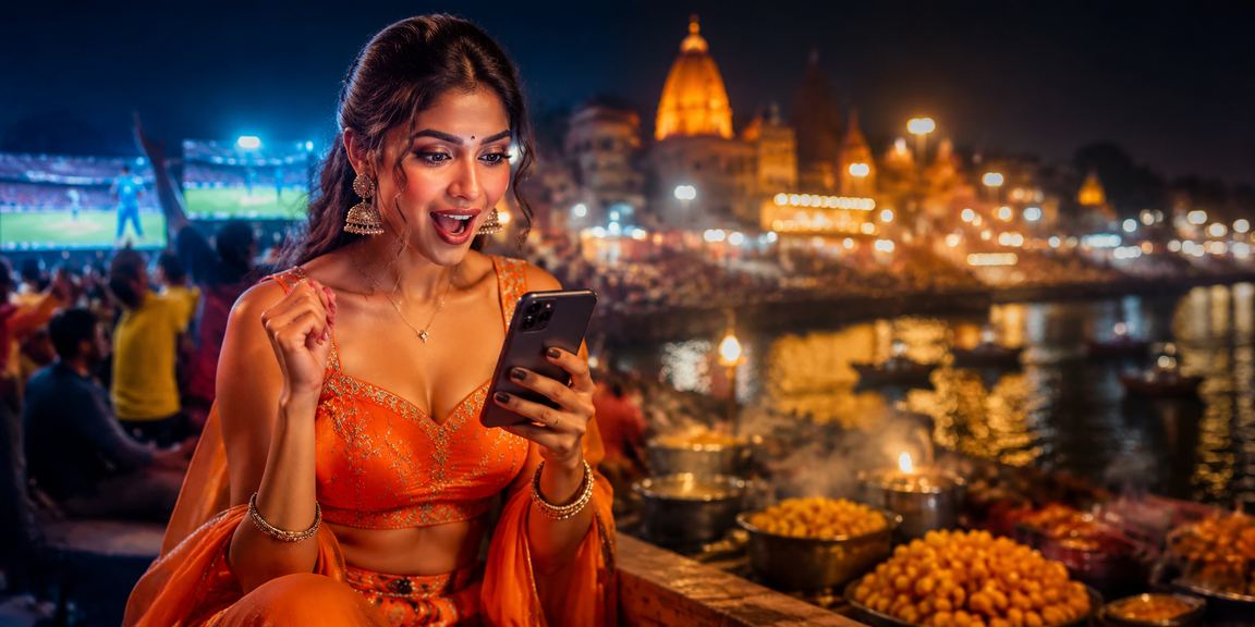 Varanasi Ghat with cricket betting scene illuminated in blue and gold